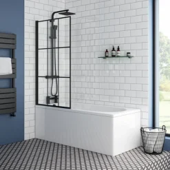 Arezzo Matt Black Grid Bath Screen With Curved Single Ended Bath -Bathroom Products Store azbgrb nd3