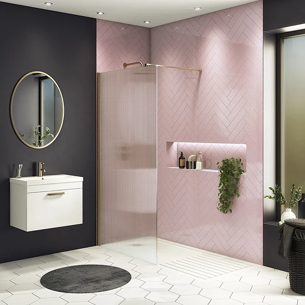 Arezzo 1600 X 800 Fluted Glass Brushed Brass Profile Wet Room (1000 Screen, Square Support Arm + Tray) 4 Arezzo 1600 X 800 Fluted Glass Brushed Brass Profile Wet Room (1000 Screen, Square Support Arm + Tray) - Image 2