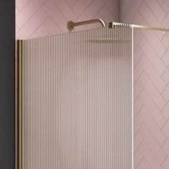 Arezzo Fluted Glass Brushed Brass Profile Wetroom Screen + Square Support Arm -Bathroom Products Store azfgbb d2
