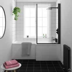 Arezzo Shower Bath - 1700mm L Shaped With Matt Black Screen + Panel -Bathroom Products Store azl17 nd4