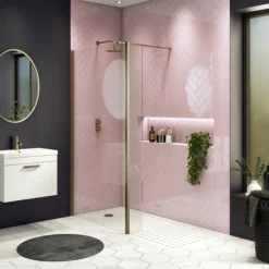 Arezzo 1950mm Brushed Brass Profile Wetroom Screen + Square Support Arm