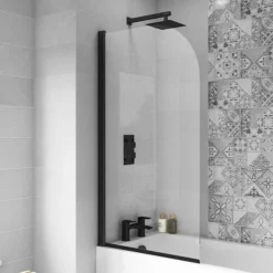 Arezzo Shower Bath (1700mm J Shaped With Matt Black Screen + Curved Panel) -Bathroom Products Store bkjssb nd3