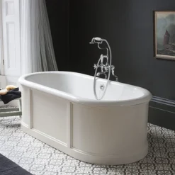 Burlington London 1800mm Bath With Curved Surround & Waste - Matt White