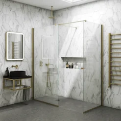 Arezzo Square Brushed Brass Frameless 10mm Wetroom Screen With Wall Mounted Arm -Bathroom Products Store gt2x24whi dt4