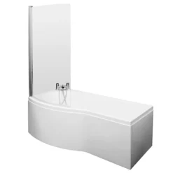 Cruze Curved Shower Bath (1500mm With Screen + Acrylic Panel) -Bathroom Products Store premier1500mmbshapedshowerbathwithacrylicfrontpanelcurvedscreendetail1