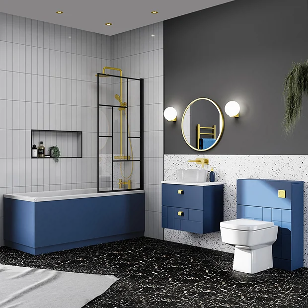 Venice Abstract Matt Black Grid Screen W. Single Ended Bath + Satin Blue Panel 3 Venice Abstract Matt Black Grid Screen W. Single Ended Bath + Satin Blue Panel