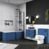 Venice Shower Bath - 1700 L Shaped W. Matt Black Abstract Grid Screen + Satin Blue Panel -Bathroom Products Store vagl17b d4n