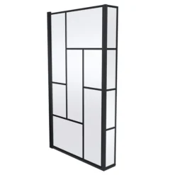 Venice Shower Bath - 1700 L Shaped W. Matt Black Abstract Grid Screen + Satin Grey Panel -Bathroom Products Store vagl17g d2
