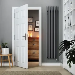 Terma Rolo Room E H1800 X W370mm Modern Grey Electric Only Towel Rail With MOA Blue Element